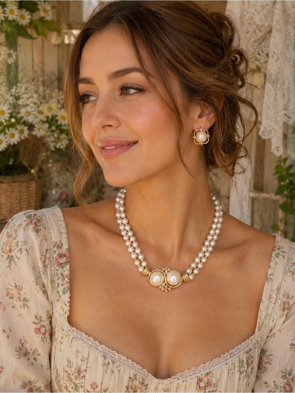 Pearl cabochon necklace set in gold tone